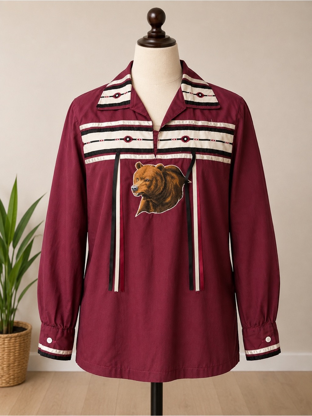 Handmade Bear Appliqué Western Pullover Shirt Southwestern Boho L